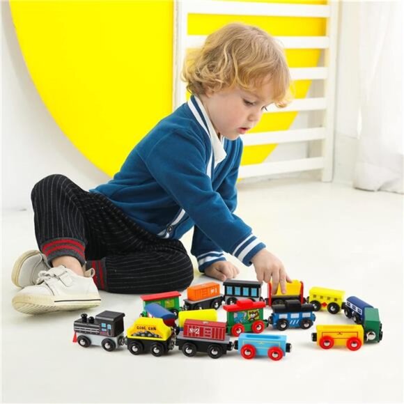 16 Piece Magnetic Wooden Train Set for Toddlers - Includes Storage - Picture 2 of 7